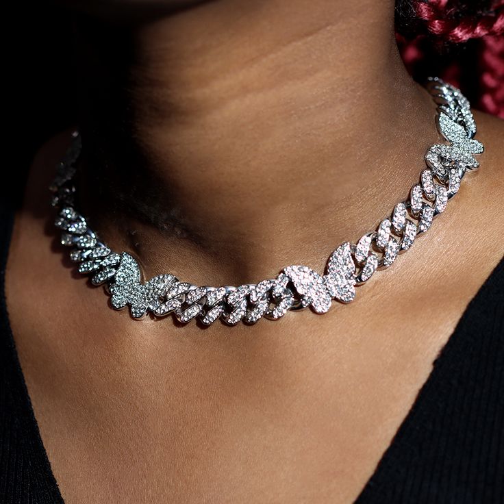 Iced Out Cuban Link Chain Butterfly Necklace For Women