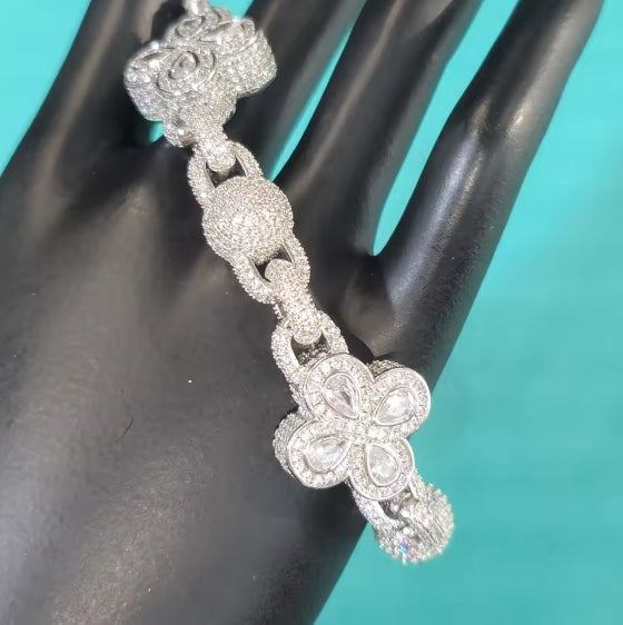 Fashion Round Beads And Flowers Infinity Link Necklace Ice Out Chain Bracelet Paved With Zircon