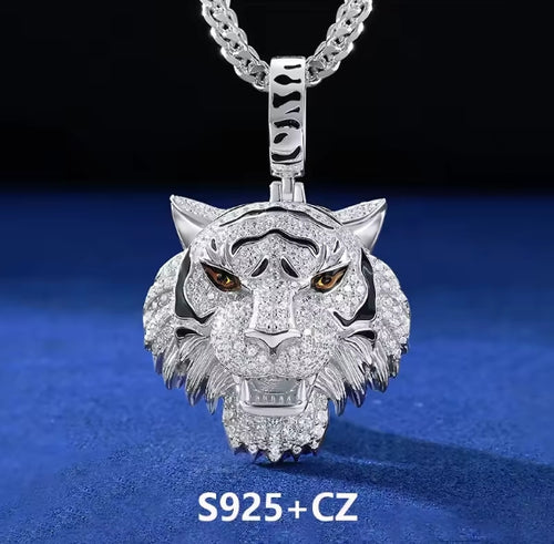 925 Sterling Silver 3D Tiger Pendant Necklace