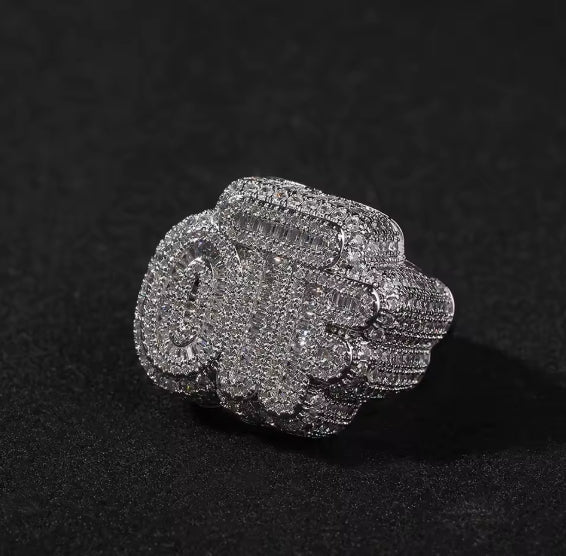 Baguettecz Letters OTF Ring Iced out Two Tone Finger Ring