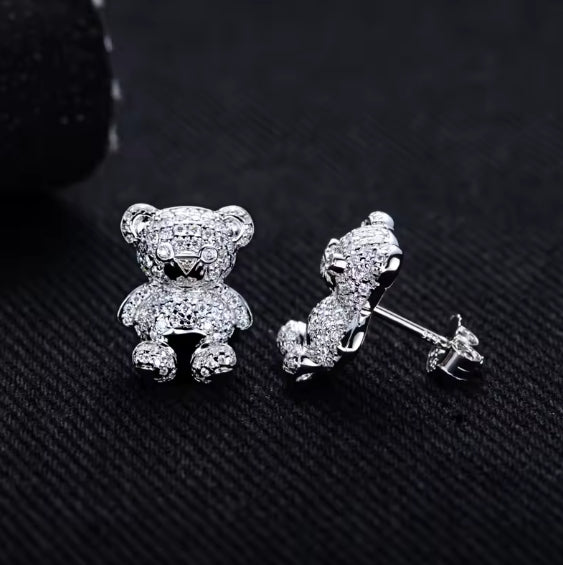 925 Sterling Silver D Color Moissanite Iced Out Bear Stud Earrings