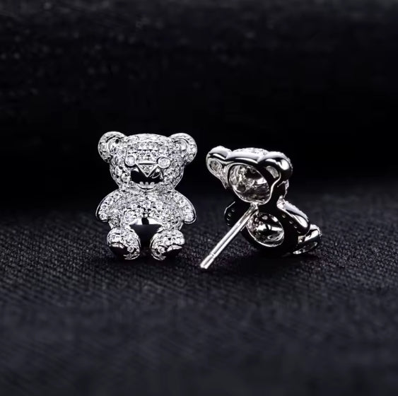 925 Sterling Silver D Color Moissanite Iced Out Bear Stud Earrings