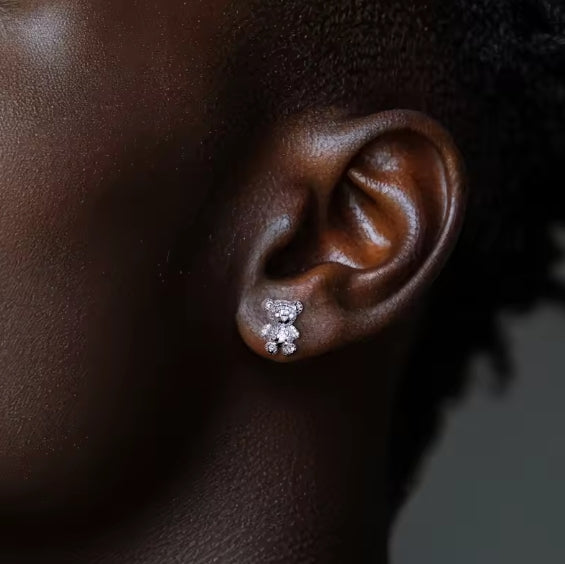 925 Sterling Silver D Color Moissanite Iced Out Bear Stud Earrings