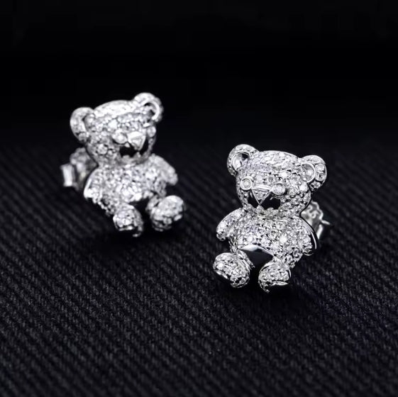 925 Sterling Silver D Color Moissanite Iced Out Bear Stud Earrings