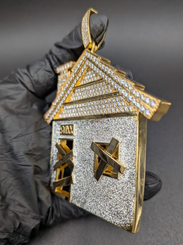 Moissanite Iced House Pendant Luxury Trap House Charm Hip Hop Statement 14K Yellow Gold Plated