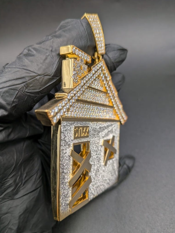 Moissanite Iced House Pendant Luxury Trap House Charm Hip Hop Statement 14K Yellow Gold Plated
