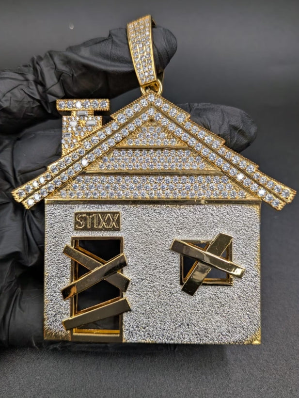 Moissanite Iced House Pendant Luxury Trap House Charm Hip Hop Statement 14K Yellow Gold Plated