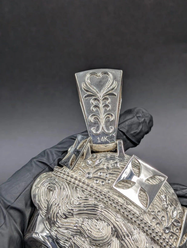 Iced Out Moissanite Queen Pendant, 14K White Gold Finish