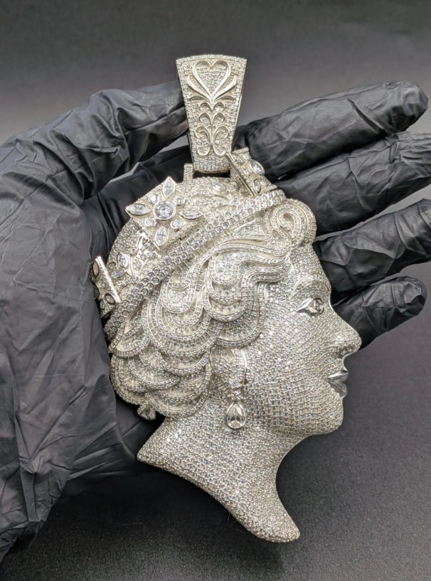 Iced Out Moissanite Queen Pendant, 14K White Gold Finish