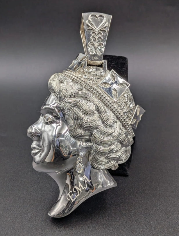 Iced Out Moissanite Queen Pendant, 14K White Gold Finish