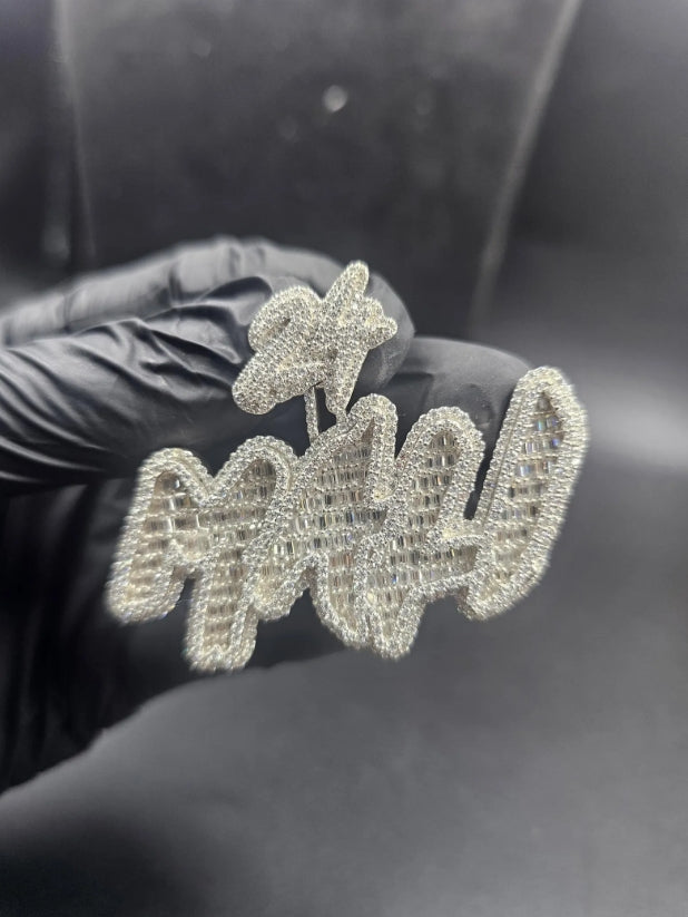 Custom Moissanite Name Pendant - Baguette & Round Cut, 14K White Gold Plated