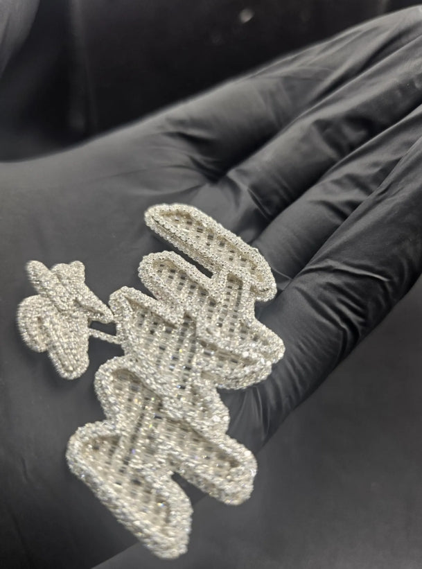 Custom Moissanite Name Pendant - Baguette & Round Cut, 14K White Gold Plated