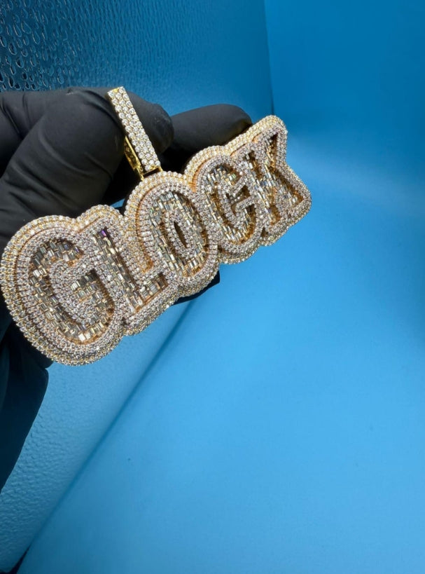 Moissanite Initial Pendant: Baguette Cut, 14K Yellow Gold Plated