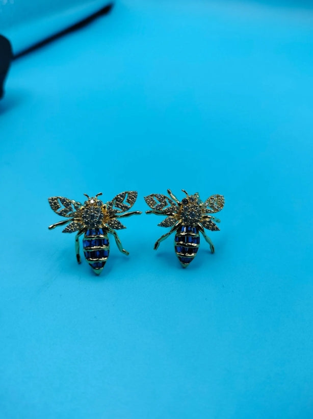 Gold Finish Bee Earrings, Blue Sapphire Crystal Insect Studs