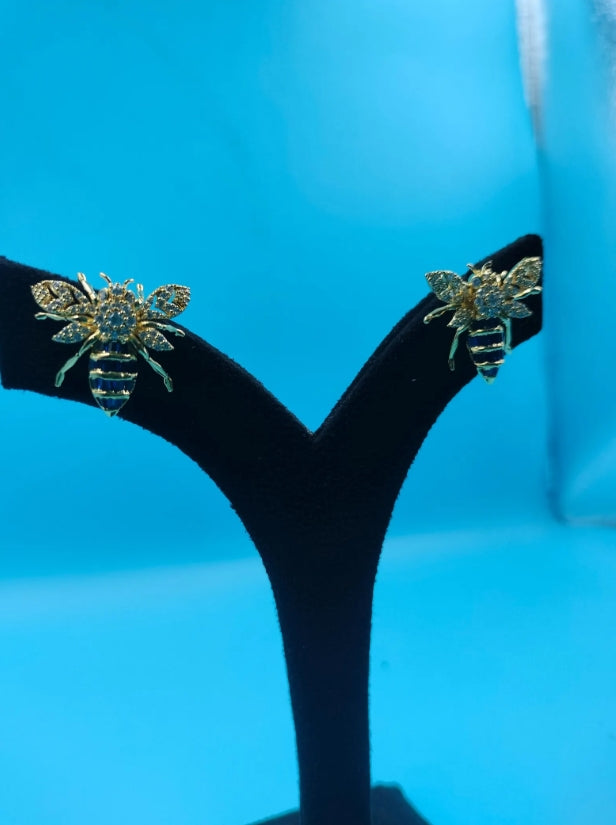 Gold Finish Bee Earrings, Blue Sapphire Crystal Insect Studs