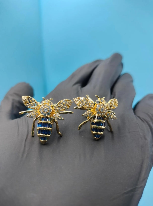 Gold Finish Bee Earrings, Blue Sapphire Crystal Insect Studs