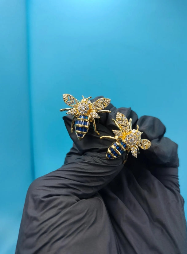 Gold Finish Bee Earrings, Blue Sapphire Crystal Insect Studs