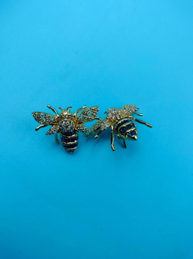 Gold Finish Bee Earrings, Blue Sapphire Crystal Insect Studs