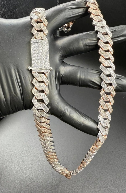 Men's Two-Tone Miami Cuban Link Chain: 18Ct Moissanite, Sterling Silver