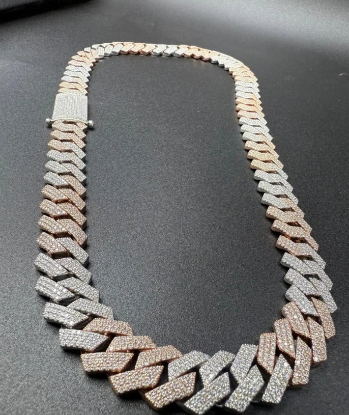 Men's Two-Tone Miami Cuban Link Chain: 18Ct Moissanite, Sterling Silver