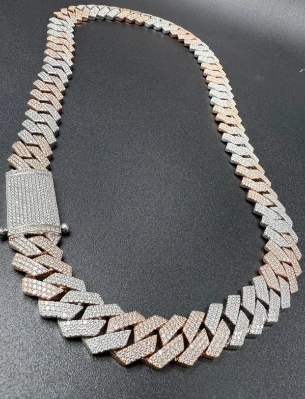 Men's Two-Tone Miami Cuban Link Chain: 18Ct Moissanite, Sterling Silver